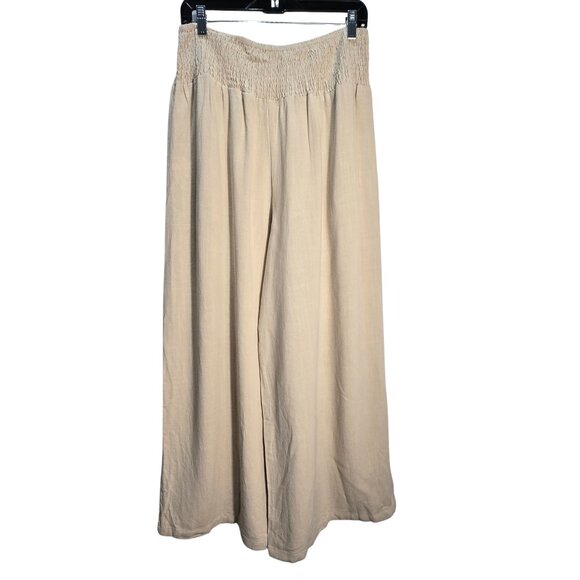 NWOT | Cream Tan Smocked High Waist Wide Leg Flowy Palazzo Pants | XLarge - Picture 2 of 6